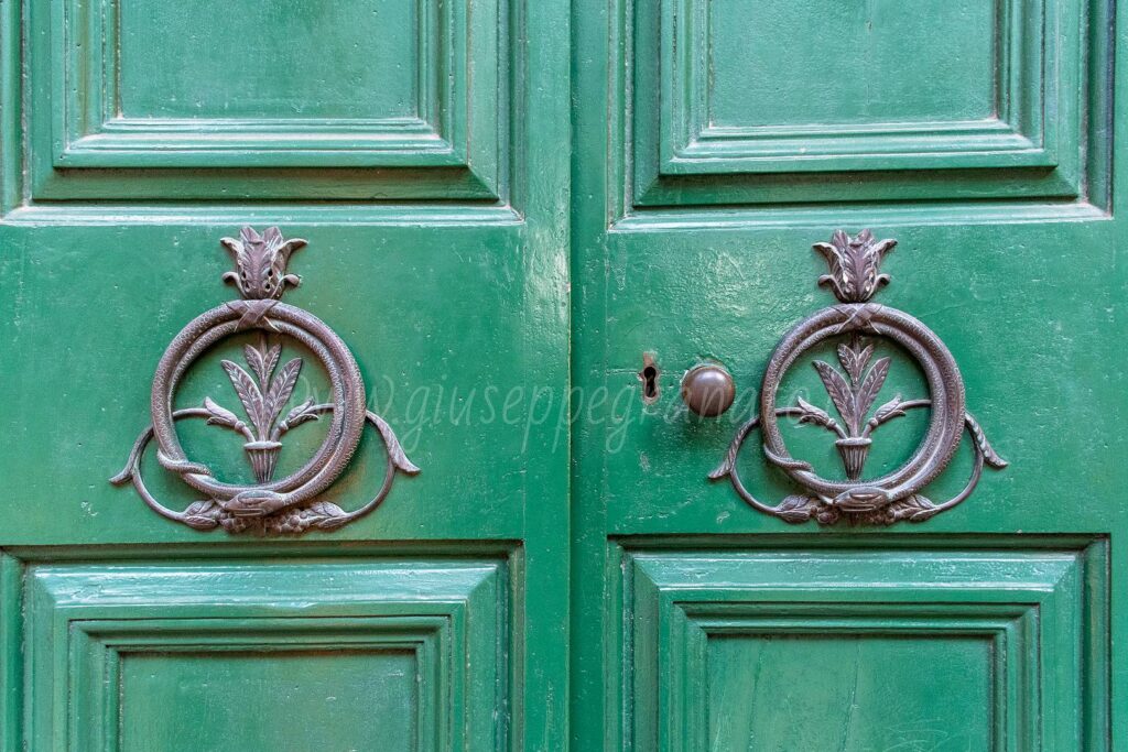 Porta ingresso, con raffigurazione dell' Uroboro il serpente che si morde la coda, simbolo del ciclo della vita e dell'infinito