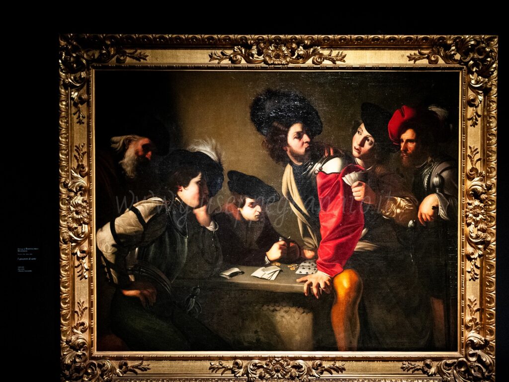 Bottega di Bartolomeo Manfredi, "I giocatori di carte", 1620, olio su tela, 146 x 187 cm, Collezione Guicciardini