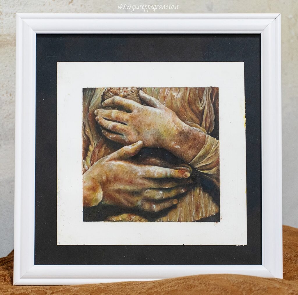 Aurora Granato, "Mani femminili". Olio su carta telata, 20 x 20 cm. Interpretazione pittorica, dettaglio dell'opera "Dama col mazzolino" di Andrea Verrocchio - 2022